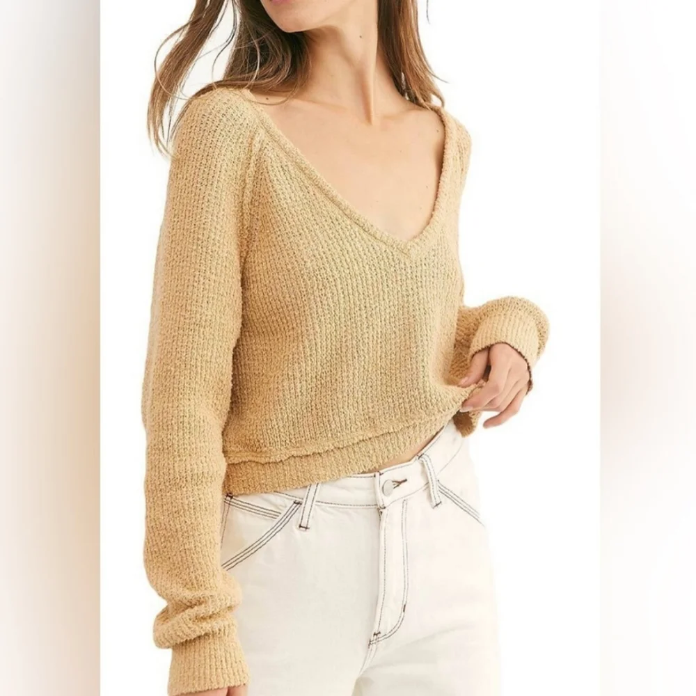 Free People Ochre Cozy V-neck Long Sleeve Knit Sweater.